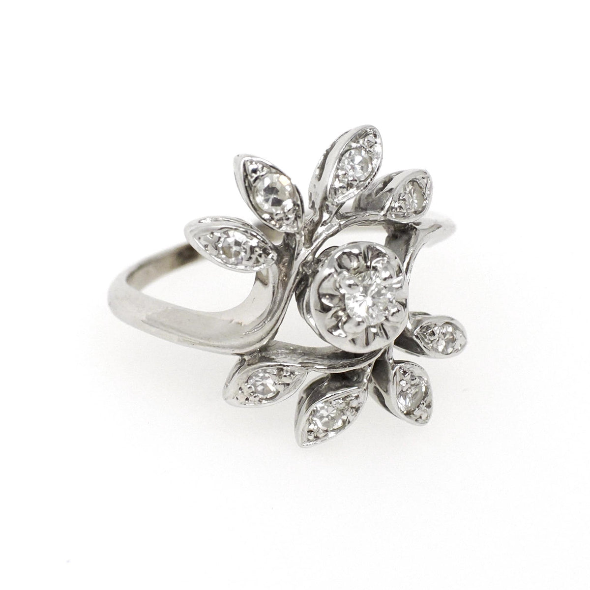 Diamond Bypass Ring - Mid Century Era 14k White Gold .22 CTW Floral Spray - Vintage 1950s Size 4 1/2 Leaf Cluster Fine Sweetheart Jewelry
