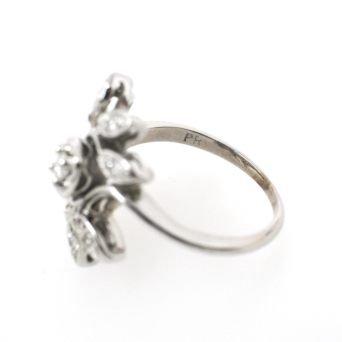 Diamond Bypass Ring - Mid Century Era 14k White Gold .22 CTW Floral Spray - Vintage 1950s Size 4 1/2 Leaf Cluster Fine Sweetheart Jewelry