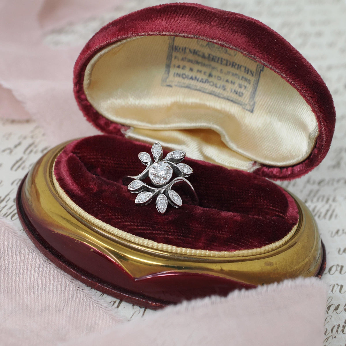 Diamond Bypass Ring - Mid Century Era 14k White Gold .22 CTW Floral Spray - Vintage 1950s Size 4 1/2 Leaf Cluster Fine Sweetheart Jewelry