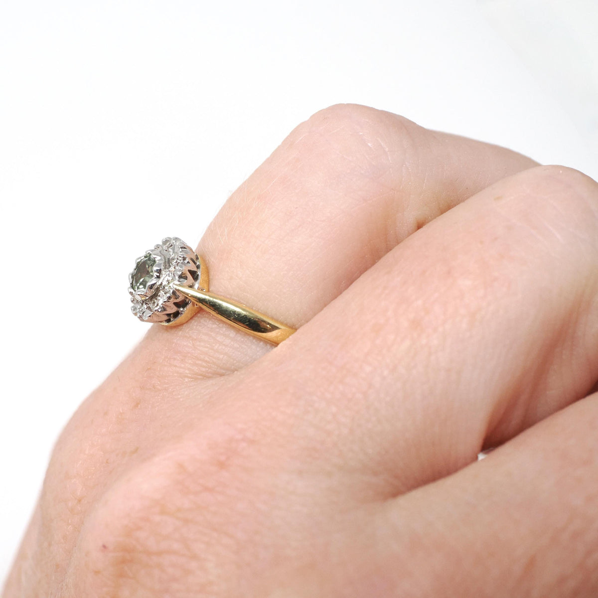 Antique Flower Ring - Edwardian 18k Yellow & White Gold Green Sapphire Gemstone .04 CTW Diamonds - Circa 1910s Size 5 3/4 Halo Fine Jewelry