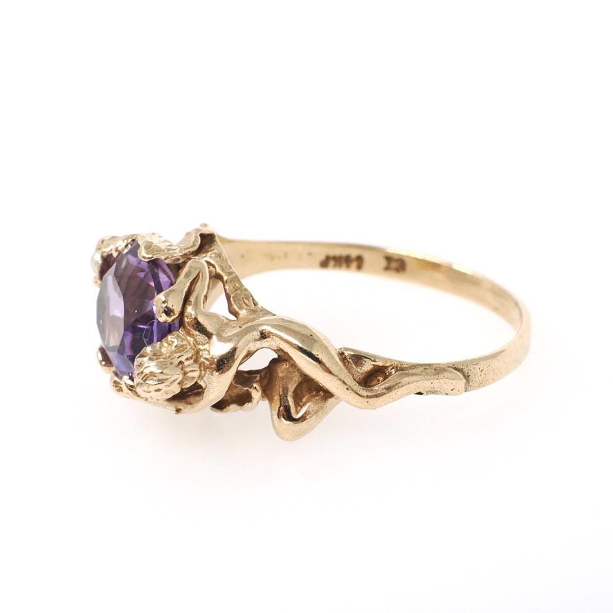 Art Nouveau Style Ring - Contemporary 14k Yellow Gold Natural Purple Amethyst Gemstone - Size 7.25 Romance Floral Female Figure Fine Jewelry