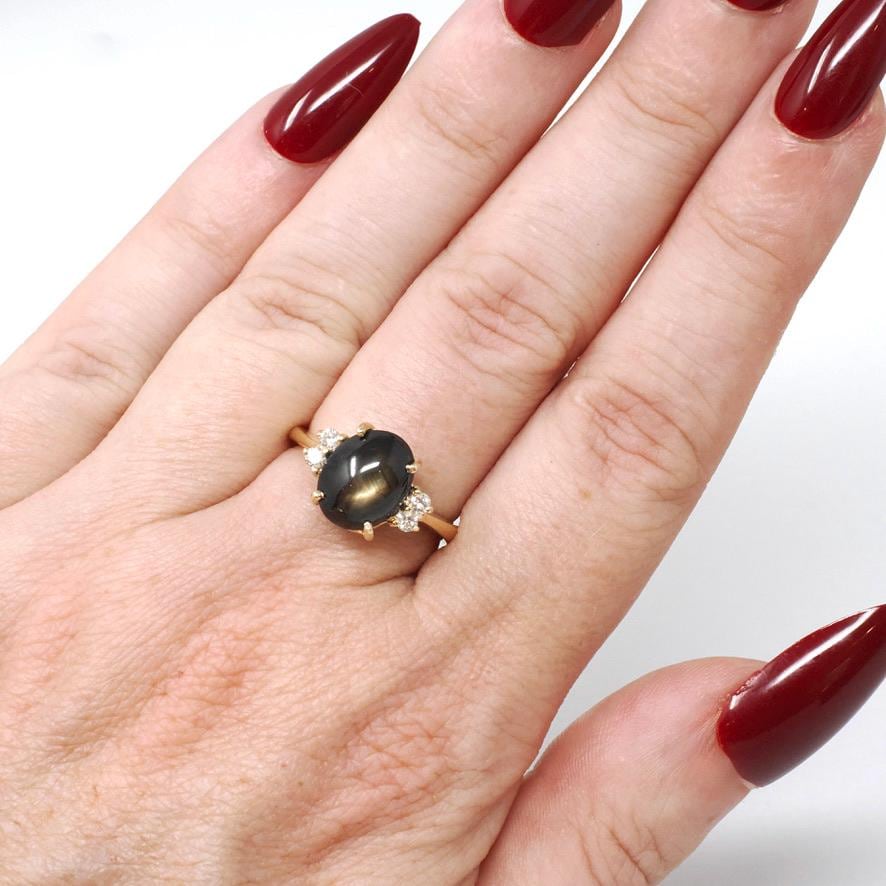 Black Star Sapphire Ring - Contemporary 14k Yellow Gold Natural 3.18 CT Gemstone - Modern Estate Circa 1990s Size 5 1/4 Diamond Fine Jewelry
