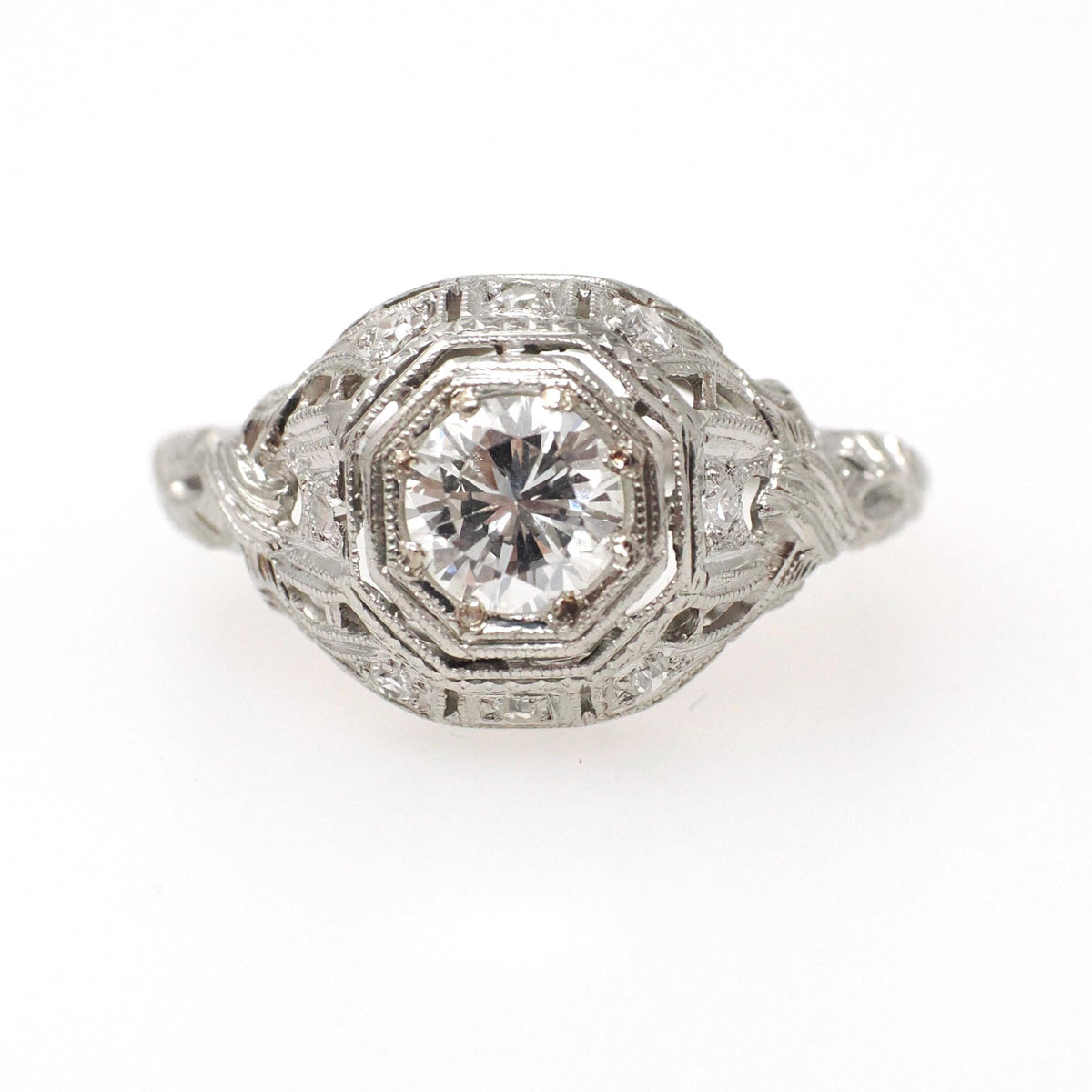 Antique Diamond Ring - Art Deco Platinum .61 CTW Octagonal Natural Gemstone Filigree Engagement - Circa 1920s Era Size 5 1/2 Fine Jewelry