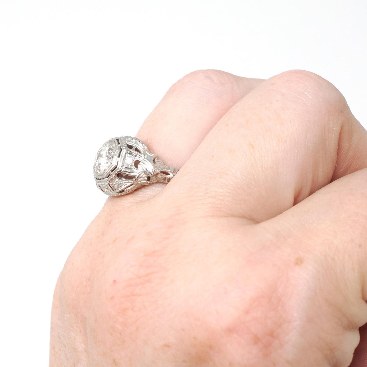Antique Diamond Ring - Art Deco Platinum .61 CTW Octagonal Natural Gemstone Filigree Engagement - Circa 1920s Era Size 5 1/2 Fine Jewelry