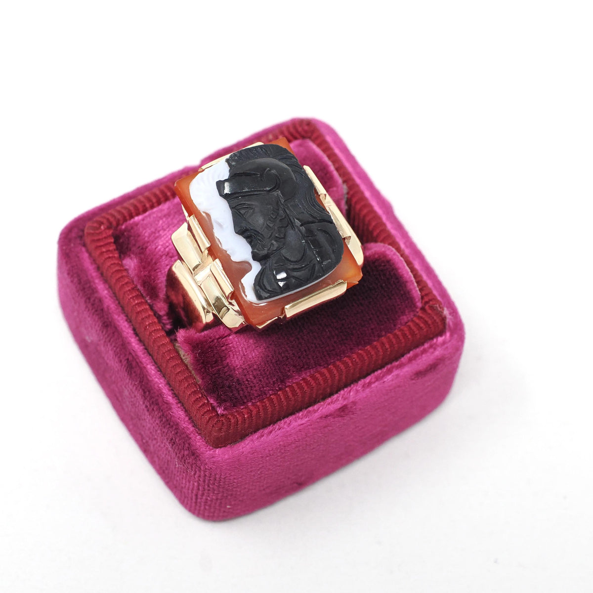 Art Deco Ring - Vintage 10k Yellow Gold Double Cameo Black White Natural Sardonyx - Circa 1930s Size 7 Helen & Paris Of Troy Fine Jewelry