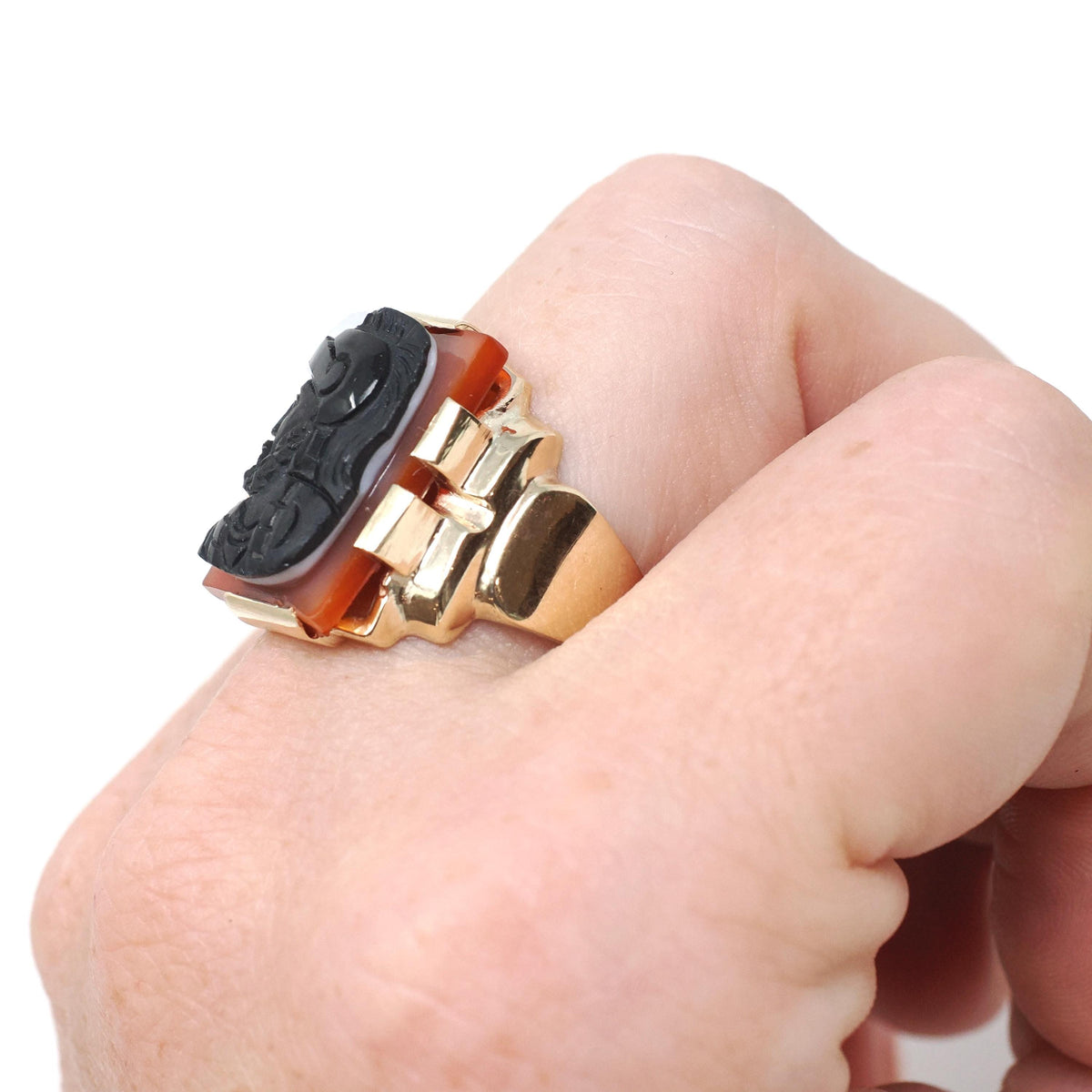 Art Deco Ring - Vintage 10k Yellow Gold Double Cameo Black White Natural Sardonyx - Circa 1930s Size 7 Helen & Paris Of Troy Fine Jewelry