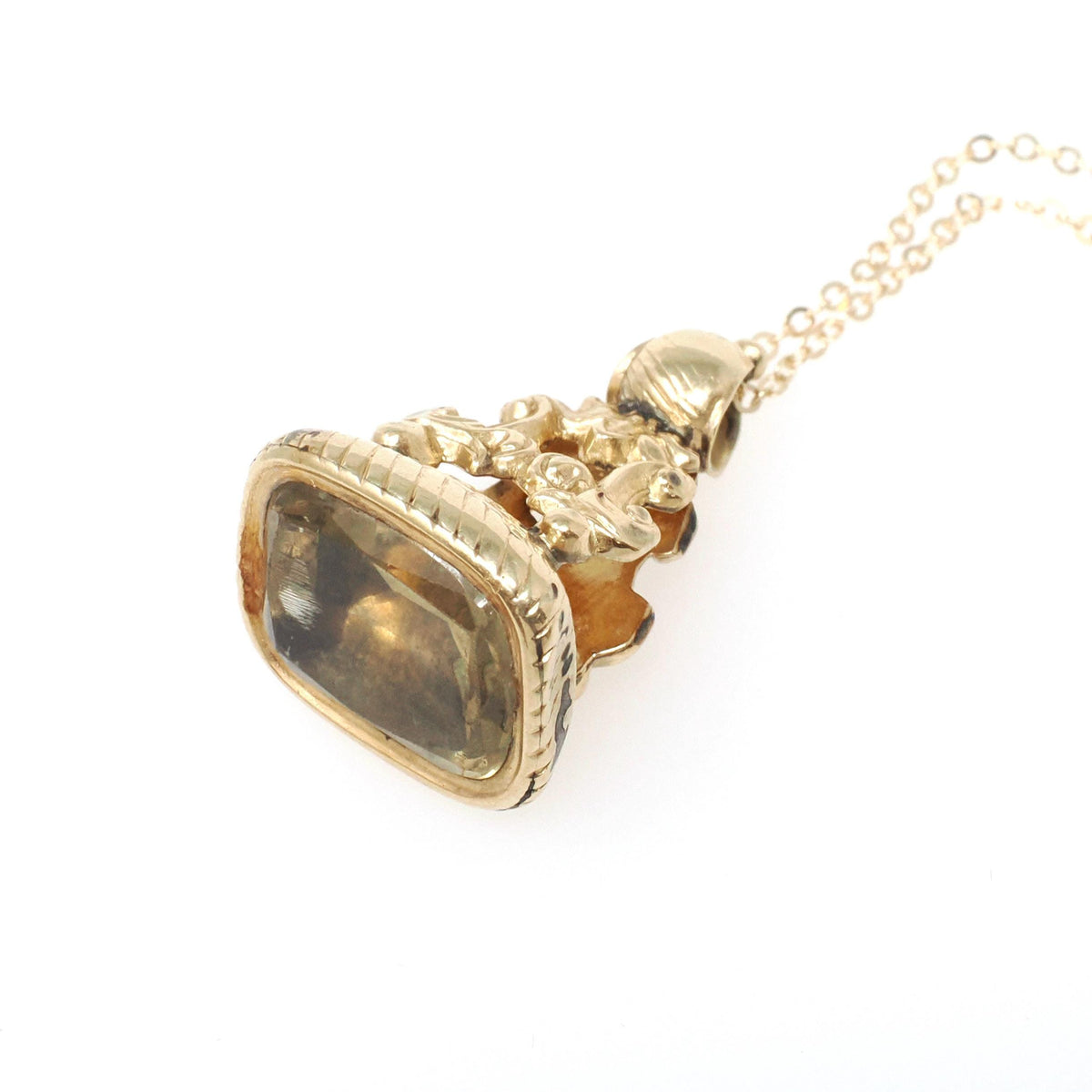 Antique Citrine Fob Necklace - Victorian Gold Filled Ornate Repousse Style Charm - Vintage Circa 1880s Era Pocket Watch Fashion Accessory