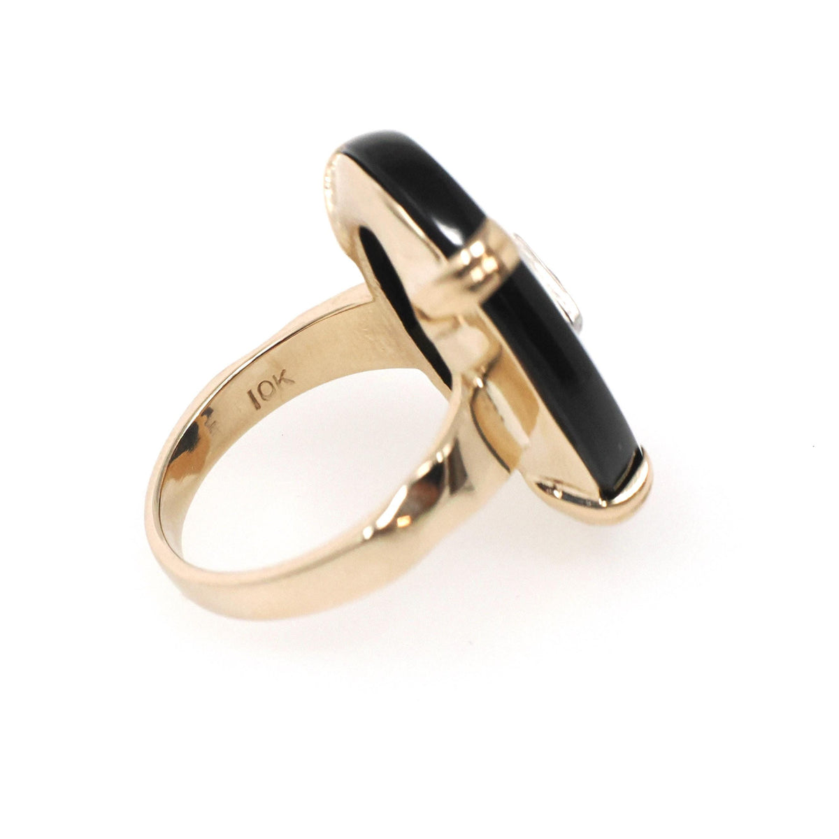 Vintage Onyx Ring - Mid Century 10k Yellow Gold Black Chalcedony & .17 CT Natural Diamond - Circa 1950s Era Size 5 Statement Fine Jewelry