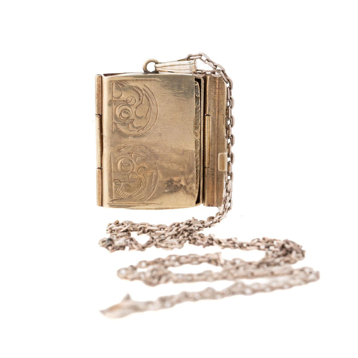 Antique Photo Locket - Victorian Book Satchel Gold Overlay Base Metal Pendant Necklace Charm - Circa 1890s Tintype Album Keepsake Jewelry