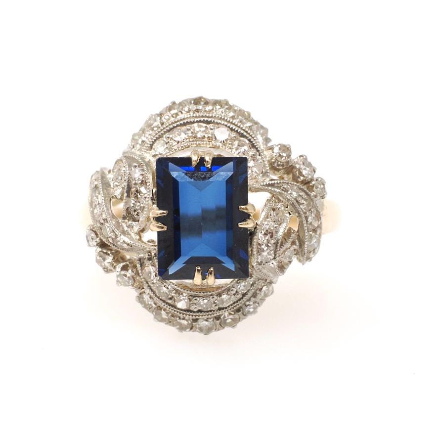 Vintage Engagement Ring - Mid Century 18k Yellow Gold & Silver Natural Created Blue Sapphire Natural Diamonds Halo - Size 6 3/4 Fine Jewelry