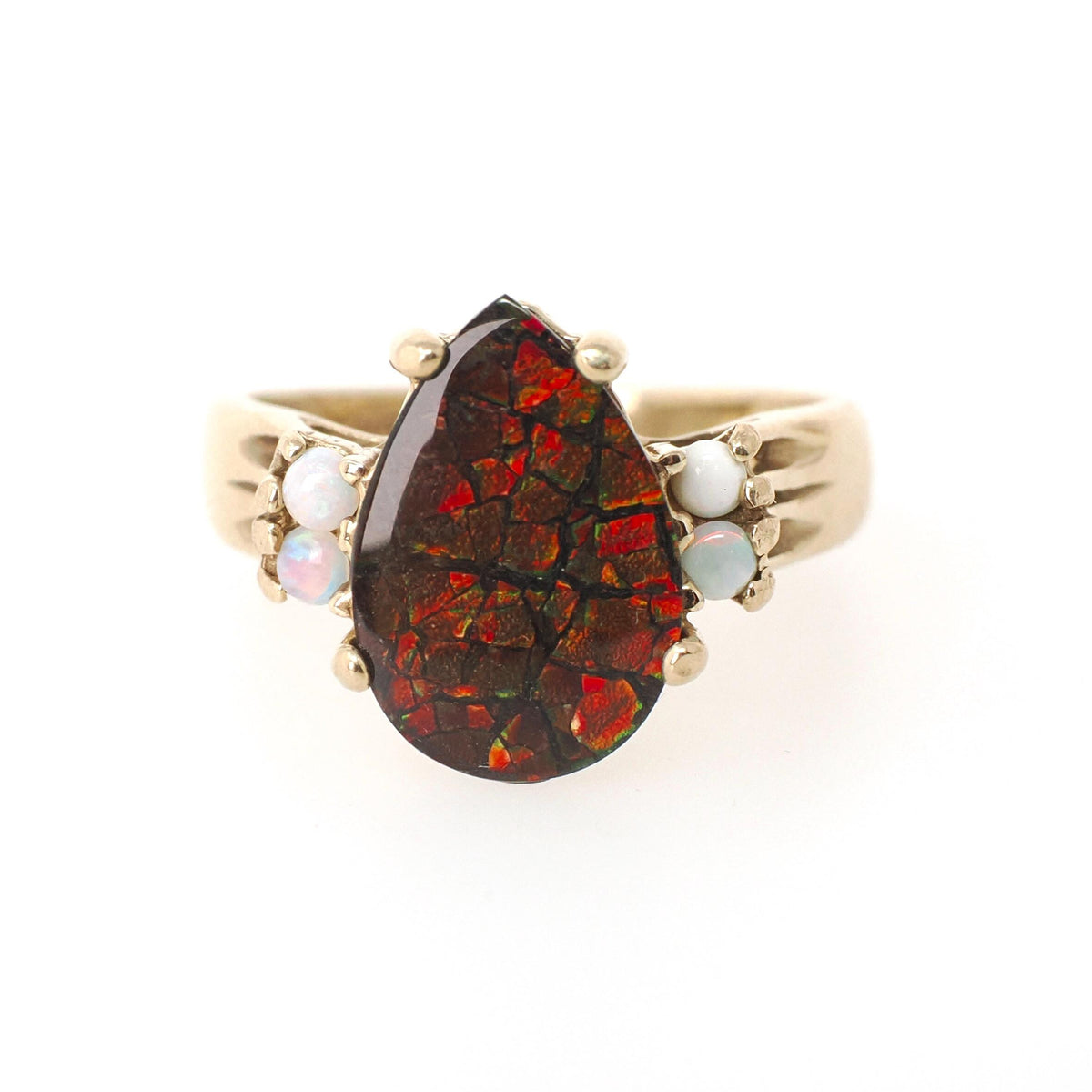 Triplet & Opal Ring - Contemporary 10k Yellow Gold Pear Ammonite Gemstone - Circa 1990s Size 5 Ancient Nautilus Fossil Specimen Fine Jewelry
