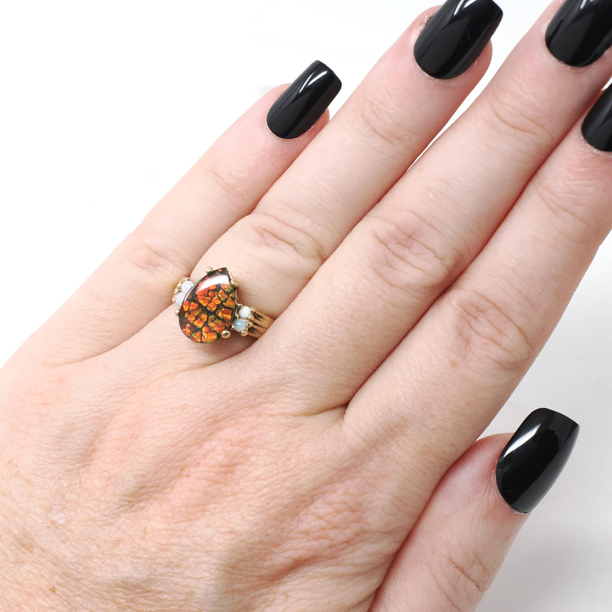 Triplet & Opal Ring - Contemporary 10k Yellow Gold Pear Ammonite Gemstone - Circa 1990s Size 5 Ancient Nautilus Fossil Specimen Fine Jewelry