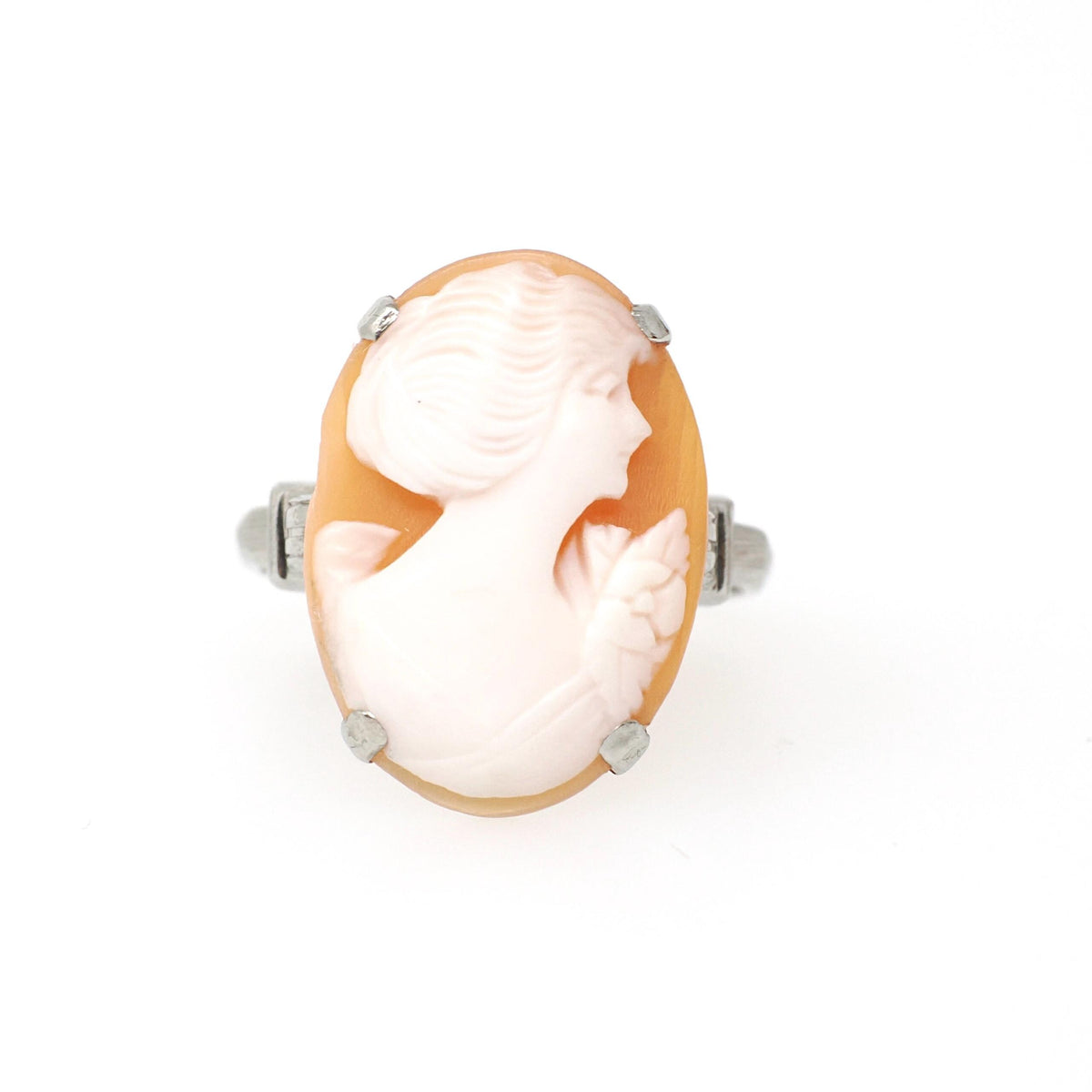 Vintage Cameo Ring - Art Deco Era 10k White Gold Oval Carved Orange Shell - Circa 1930s Era Size 6 Women's Profile Fine Statement Jewelry