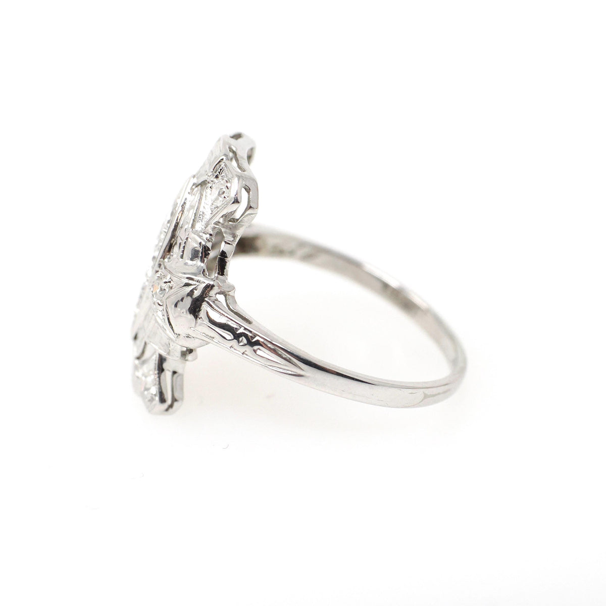 Vintage Diamond Ring - Art Deco 18k White Gold .33 CTW Natural Gemstone Shield - Circa 1930s Era Size 6 1/4 Statement Fine Bridal Jewelry