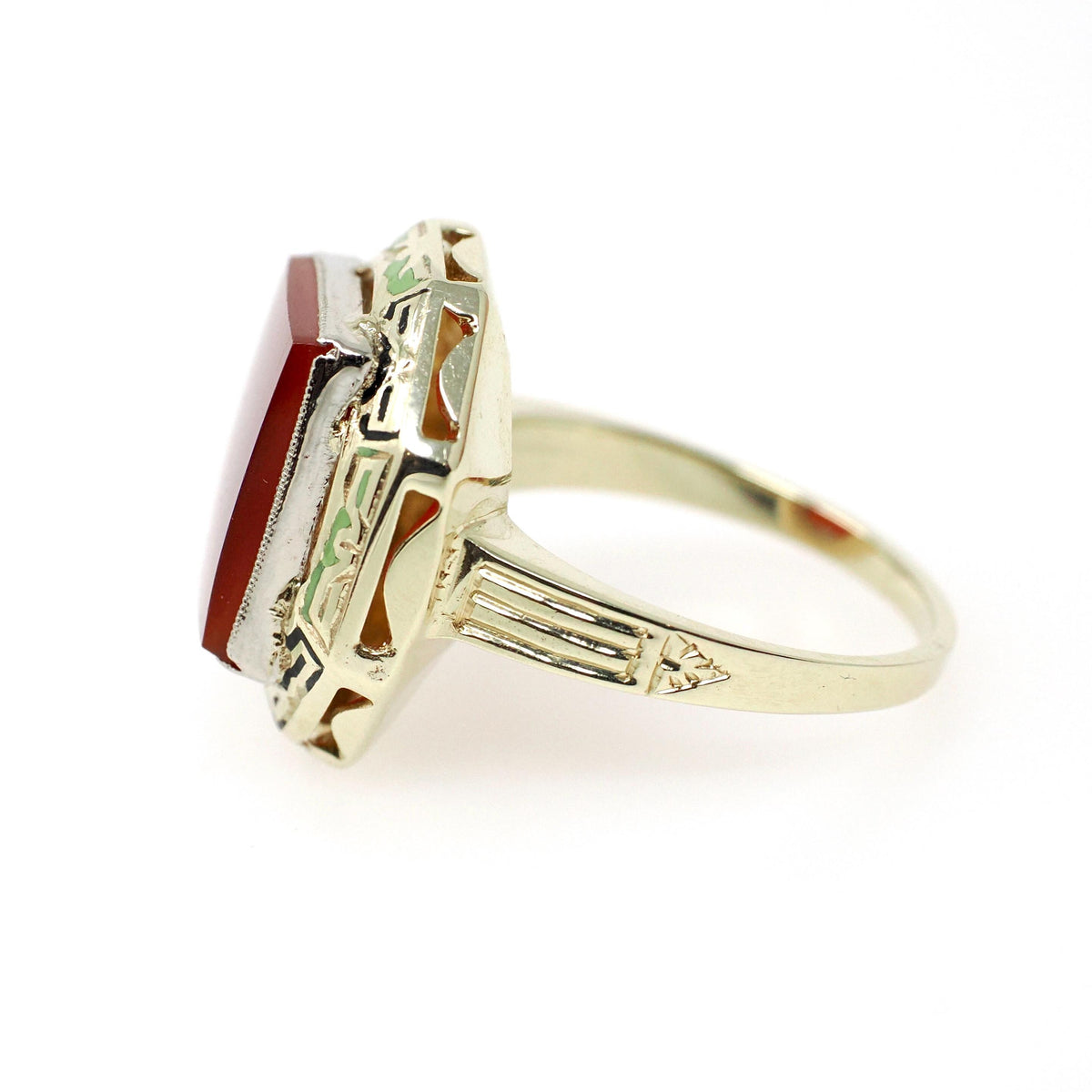 Art Deco Enamel Ring - Vintage 14k Yellow Gold Square Red Carnelian Gemstone - Circa 1930s Era Size 7 Cocktail Shield Fine Jewelry