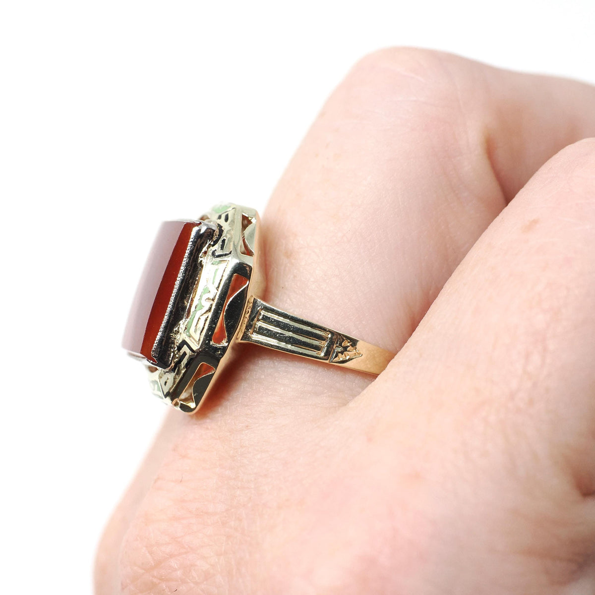 Art Deco Enamel Ring - Vintage 14k Yellow Gold Square Red Carnelian Gemstone - Circa 1930s Era Size 7 Cocktail Shield Fine Jewelry