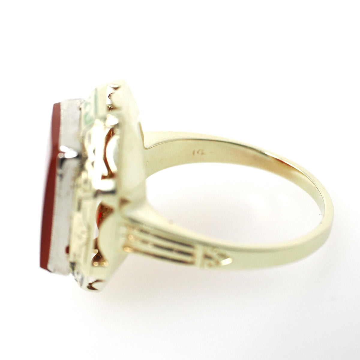 Art Deco Enamel Ring - Vintage 14k Yellow Gold Square Red Carnelian Gemstone - Circa 1930s Era Size 7 Cocktail Shield Fine Jewelry