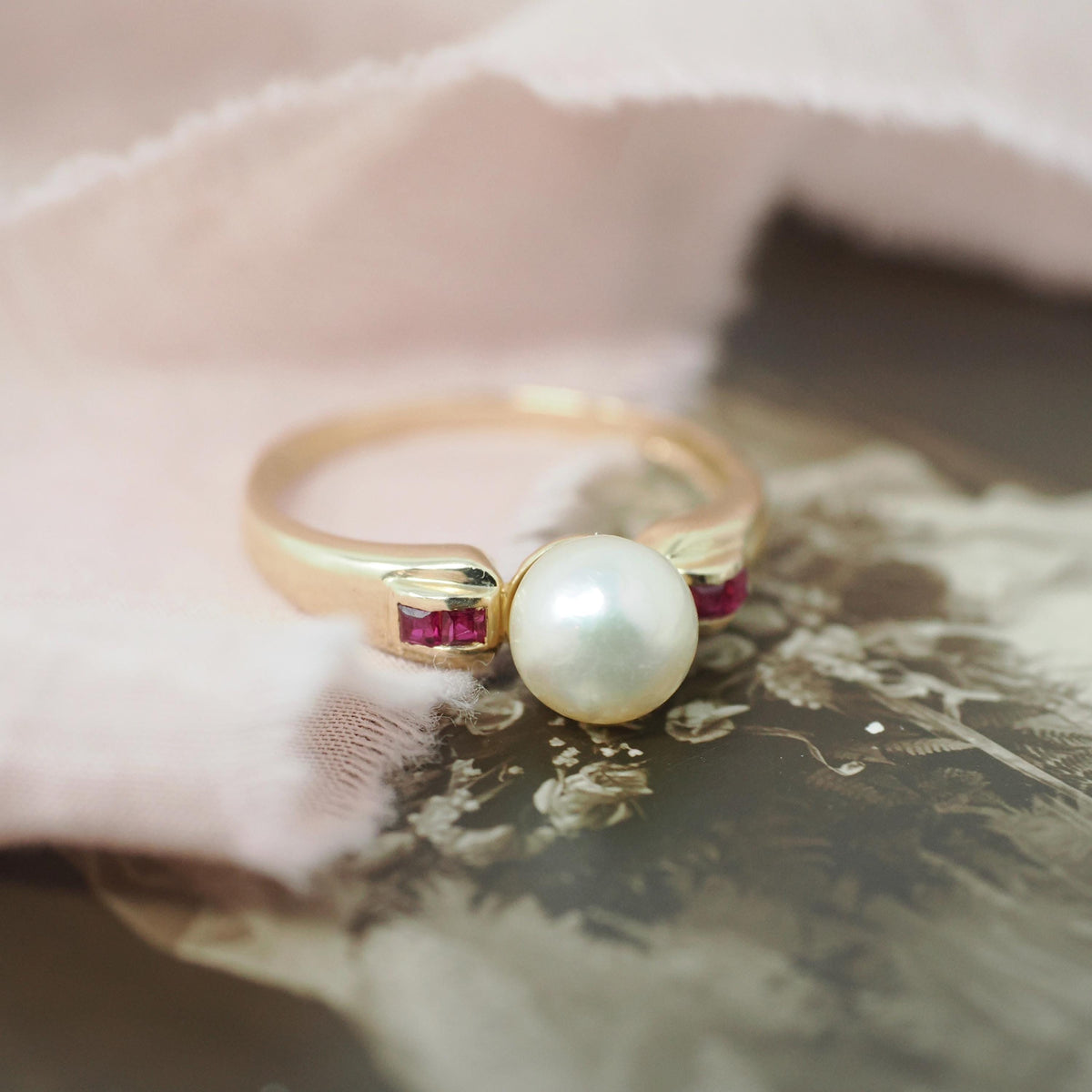 Cultured Pearl Ring - Contemporary 14k Yellow Gold Ruby Accent Gemstones - Vintage Circa 1990s Size 7 June and July Birthstones Fine Jewelry
