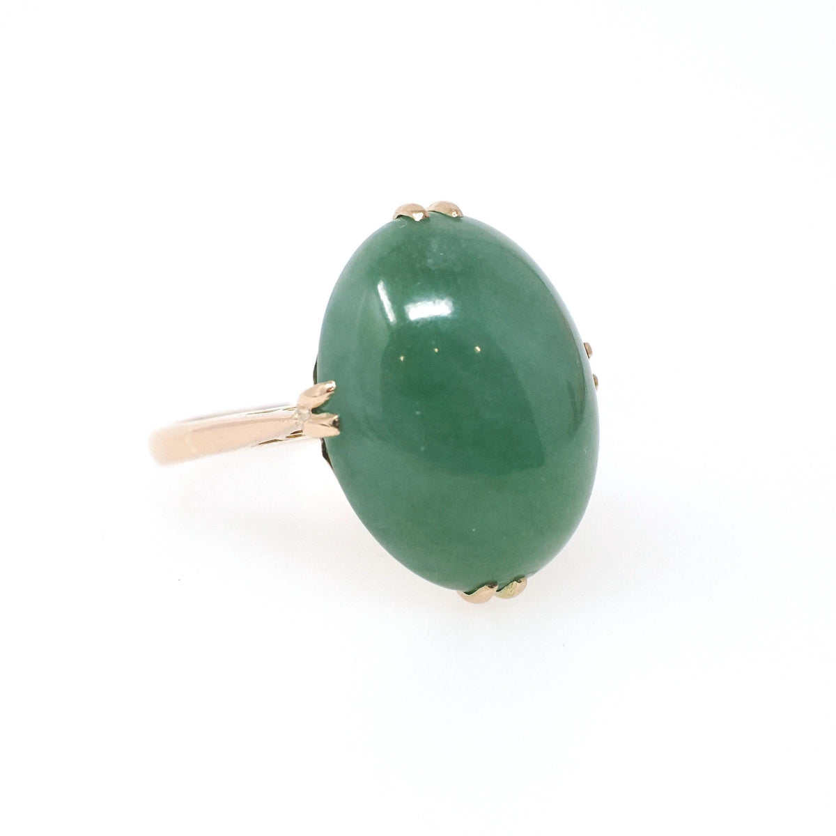 Vintage Jadeite Ring - Mid Century 14k Yellow Gold Light Green Oval Cabochon Gemstone - Circa 1960s Era Size 5 1/2 Fine Solitaire Jewelry