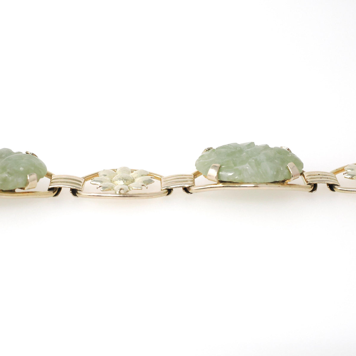 Vintage Jade Bracelet - Mid Century Era Gold Filled Green Gemstone Floral Panels - Circa 1960s Fold Over Clasp Fashion Accessory Jewelry