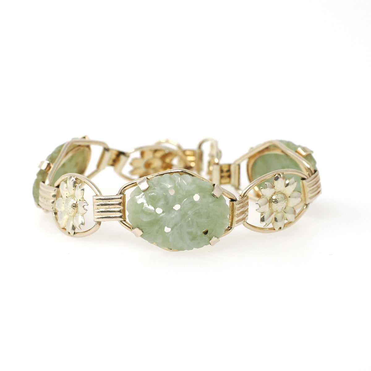 Vintage Jade Bracelet - Mid Century Era Gold Filled Green Gemstone Floral Panels - Circa 1960s Fold Over Clasp Fashion Accessory Jewelry