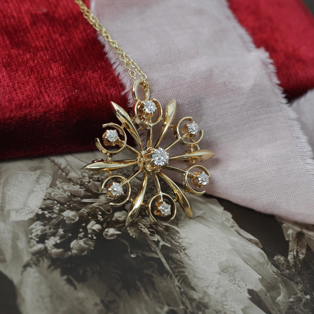 Antique Starburst Necklace - Edwardian 14k Yellow Gold .40 CTW Natural Old Mine & European Cut Diamond Pendant - Circa 1910s Fine Jewelry