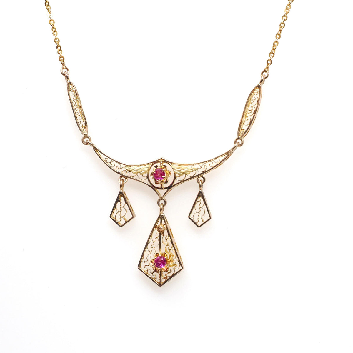 Antique Festoon Necklace - Edwardian 9k Yellow Gold Created Rubies Cannetille Filigree - Circa 1900s Era Leaf Buttercup Flower Fine Jewelry
