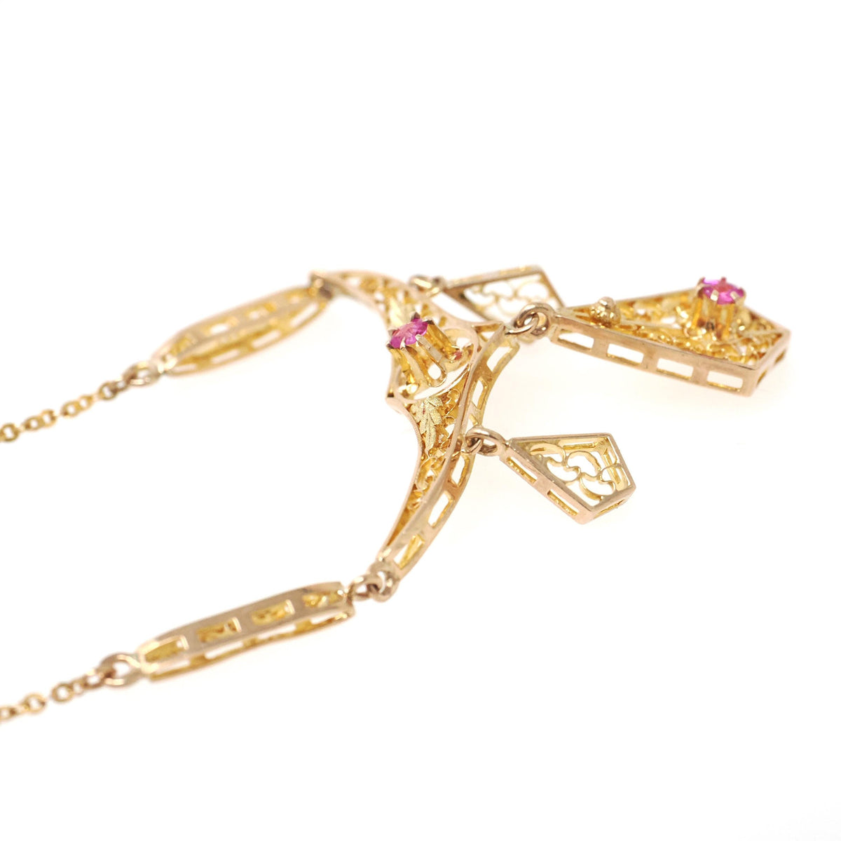 Antique Festoon Necklace - Edwardian 9k Yellow Gold Created Rubies Cannetille Filigree - Circa 1900s Era Leaf Buttercup Flower Fine Jewelry