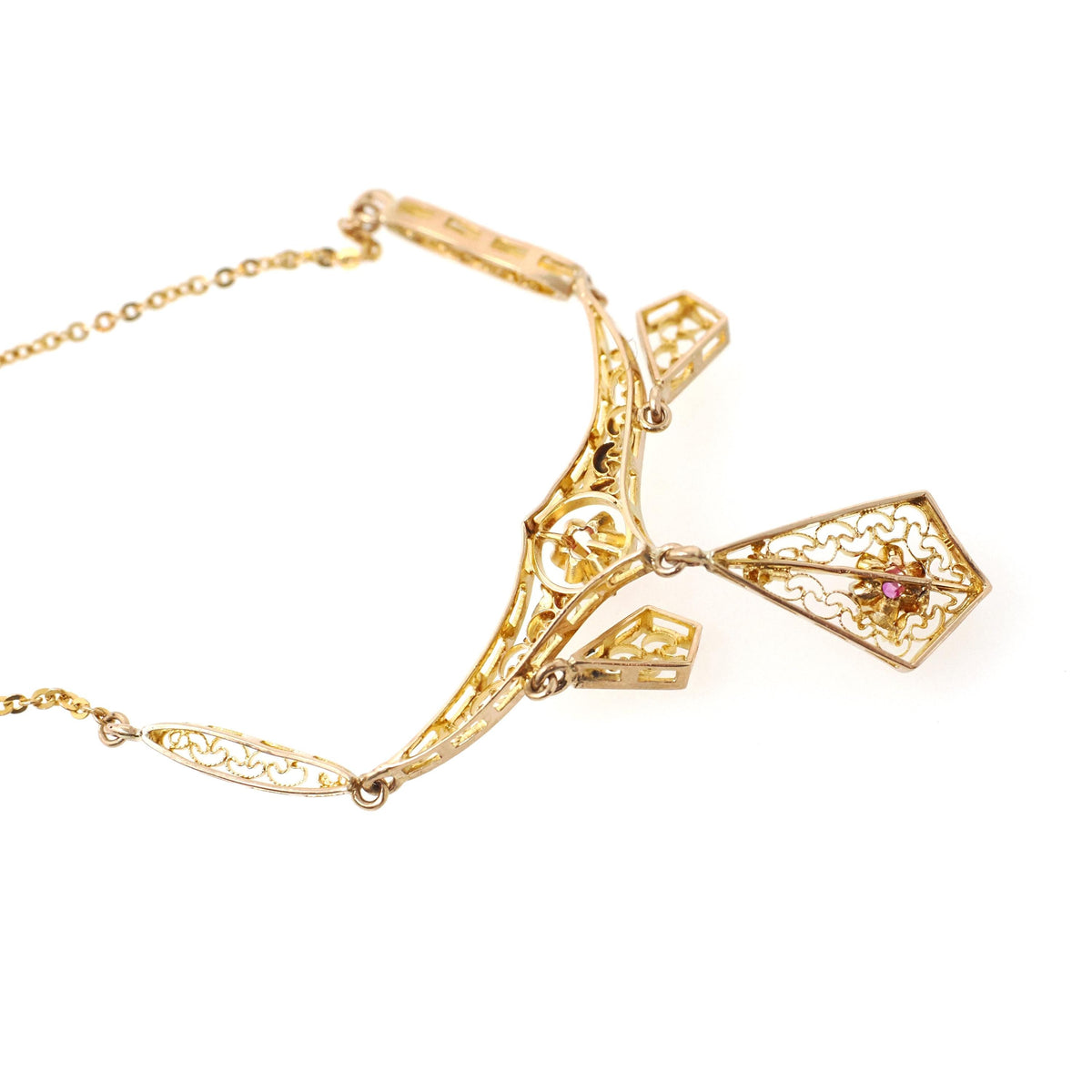 Antique Festoon Necklace - Edwardian 9k Yellow Gold Created Rubies Cannetille Filigree - Circa 1900s Era Leaf Buttercup Flower Fine Jewelry