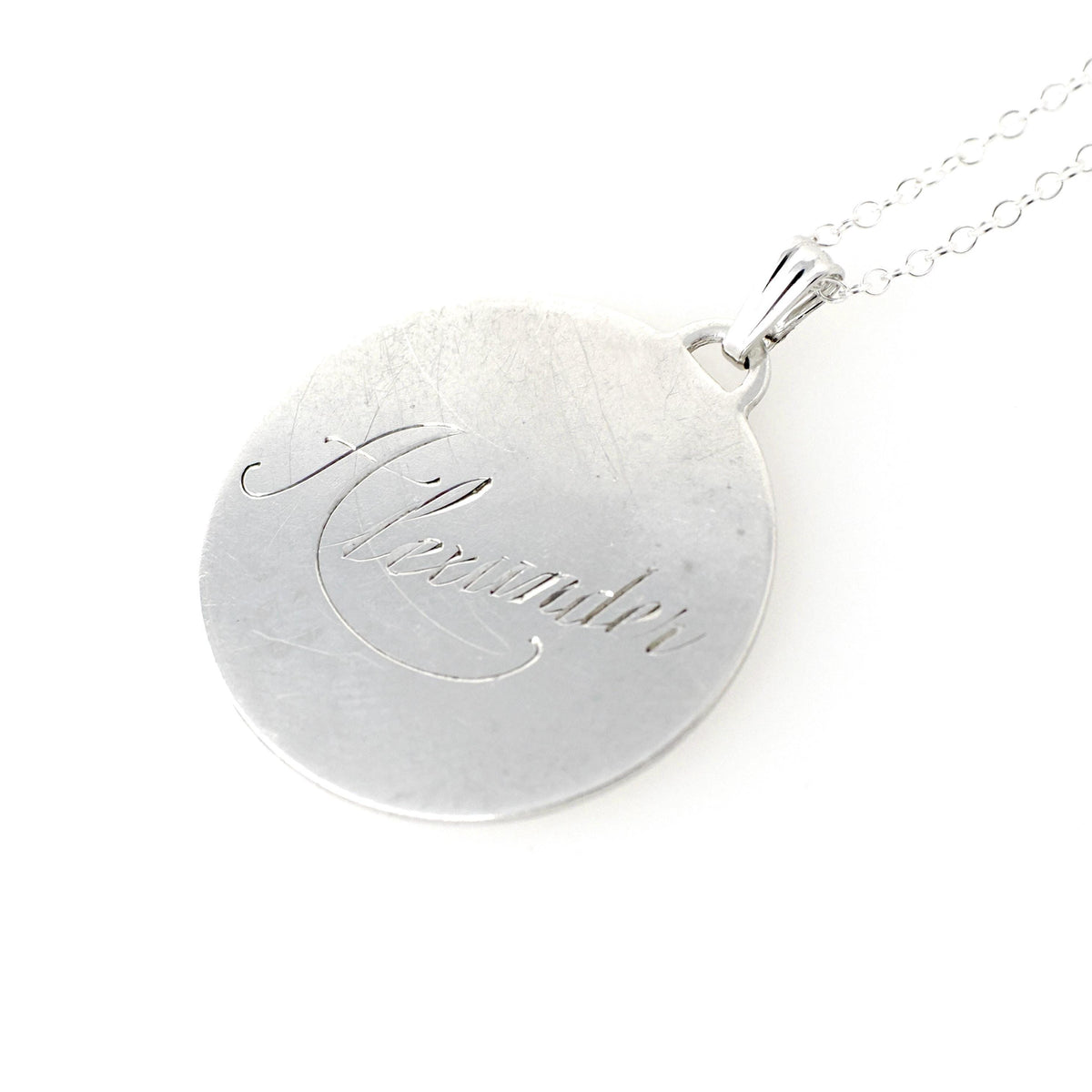 Vintage Love Token - Mid Century Sterling Silver Engraved Name Alexander Charm Necklace - Circa 1950s Era Engravable Disc Fashion Jewelry