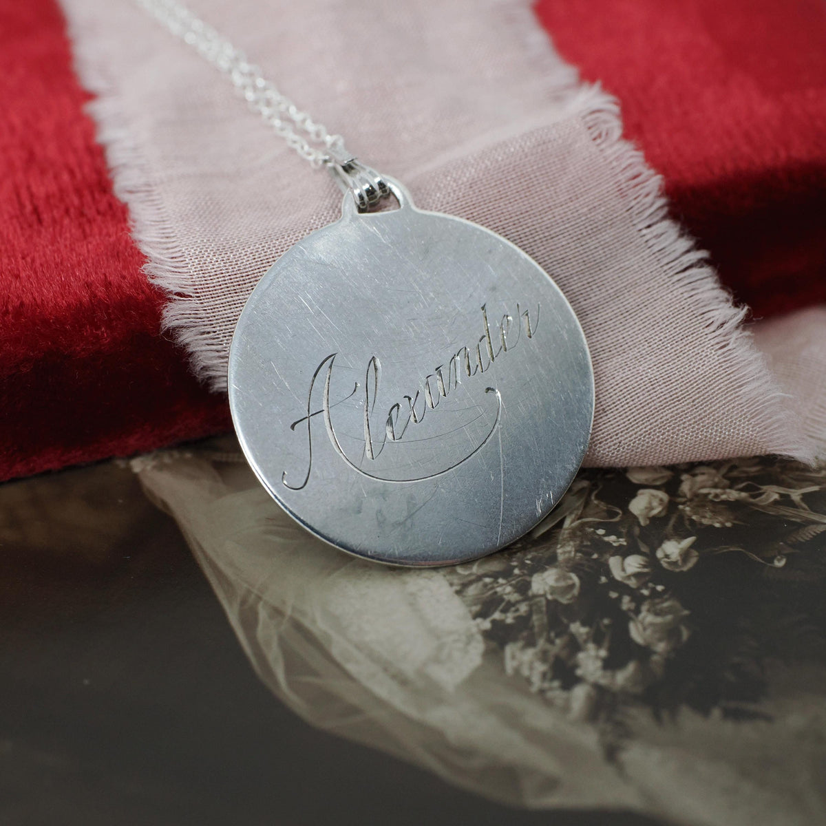 Vintage Love Token - Mid Century Sterling Silver Engraved Name Alexander Charm Necklace - Circa 1950s Era Engravable Disc Fashion Jewelry