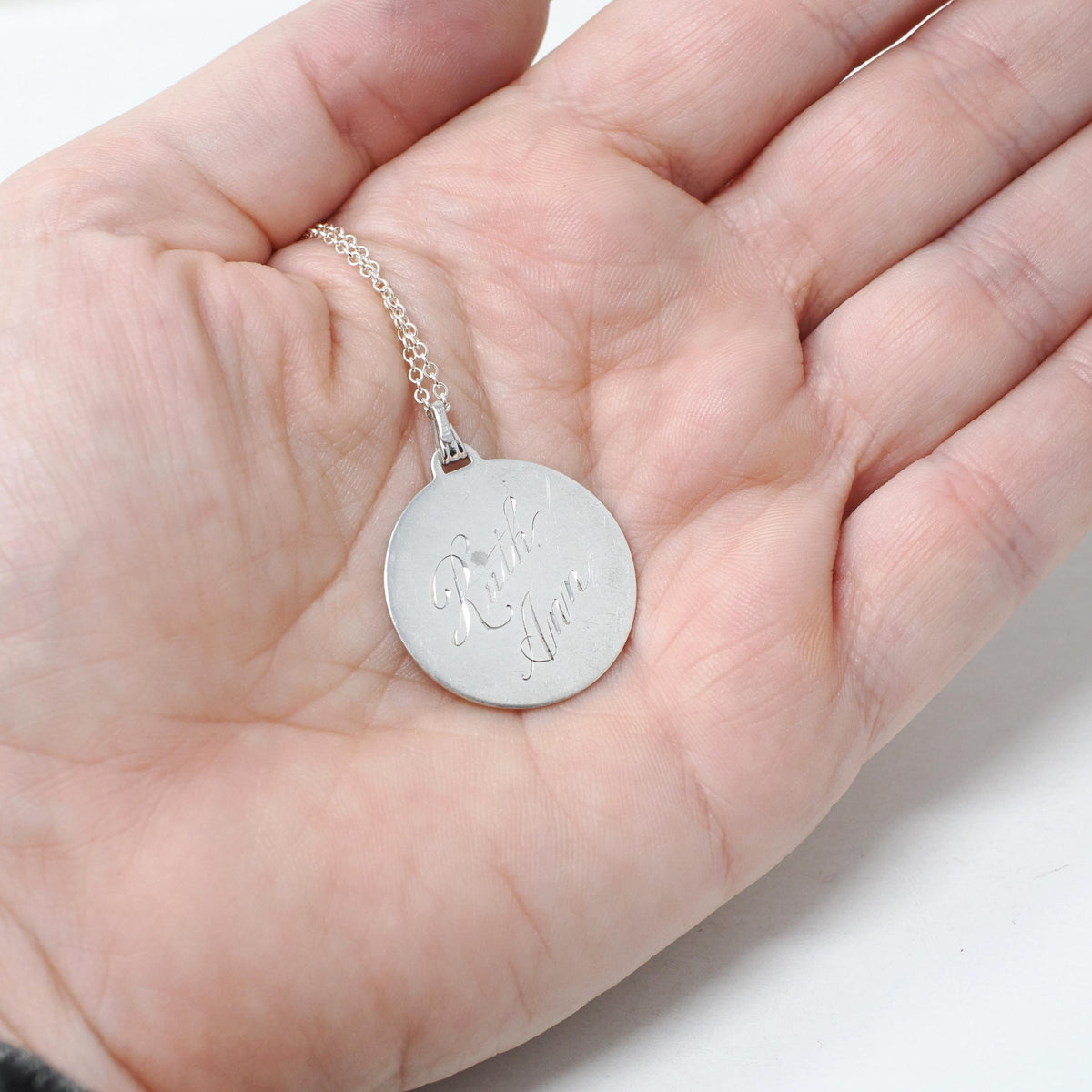 Vintage Love Token - Mid Century Sterling Silver Engraved Name Ruth Ann Charm Necklace - Circa 1950s Era Engravable Disc Fashion Jewelry