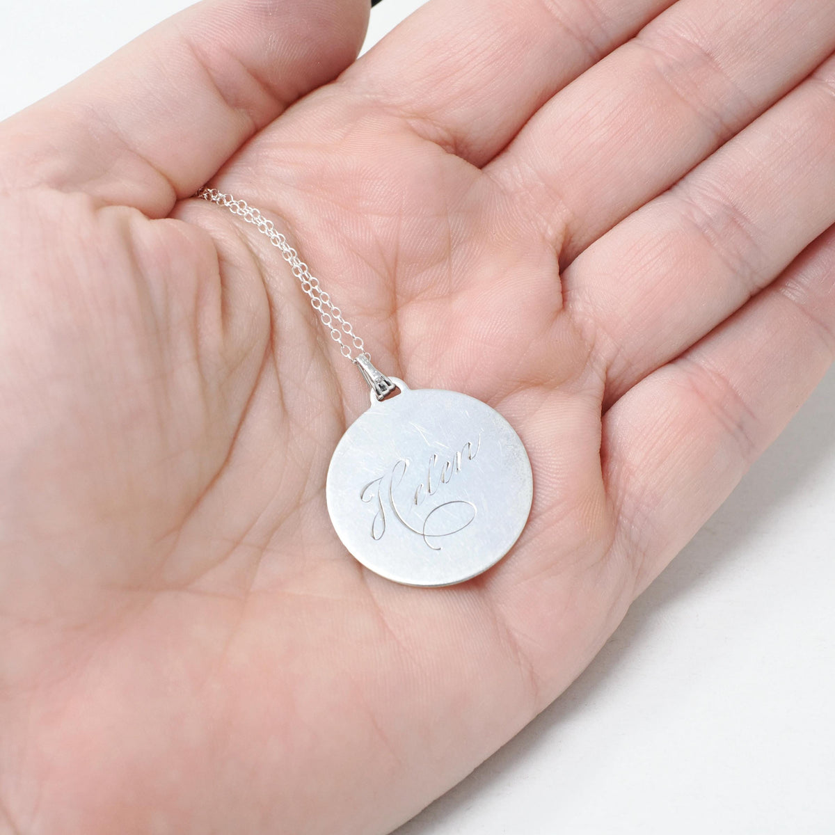 Vintage Love Token - Mid Century Sterling Silver Engraved Name Helen Charm Necklace - Circa 1950s Era Engravable Disc Fashion Jewelry