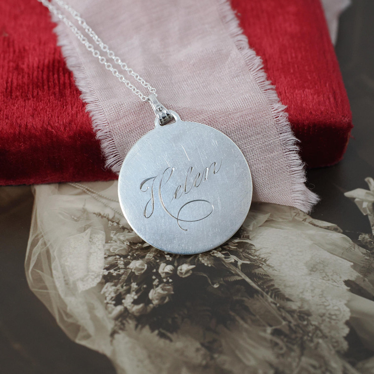 Vintage Love Token - Mid Century Sterling Silver Engraved Name Helen Charm Necklace - Circa 1950s Era Engravable Disc Fashion Jewelry