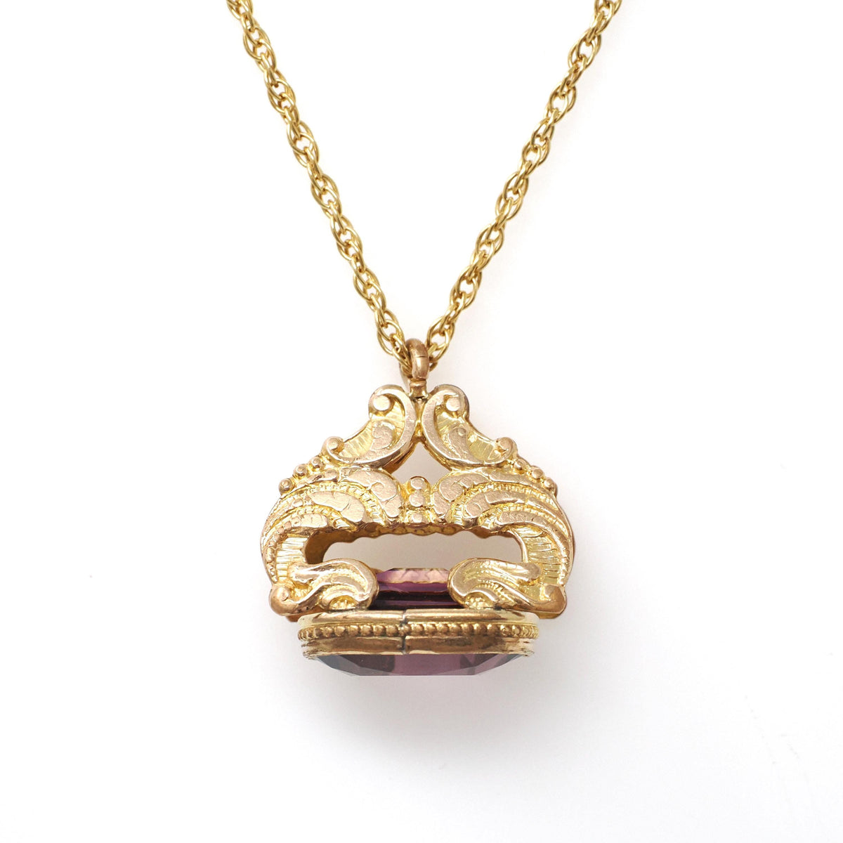 Antique Fob Necklace - Victorian Era Yellow Gold Filled Faceted Purple Glass Wax Seal - Circa 1890s Swirled Repousse Watch Pendant Jewelry