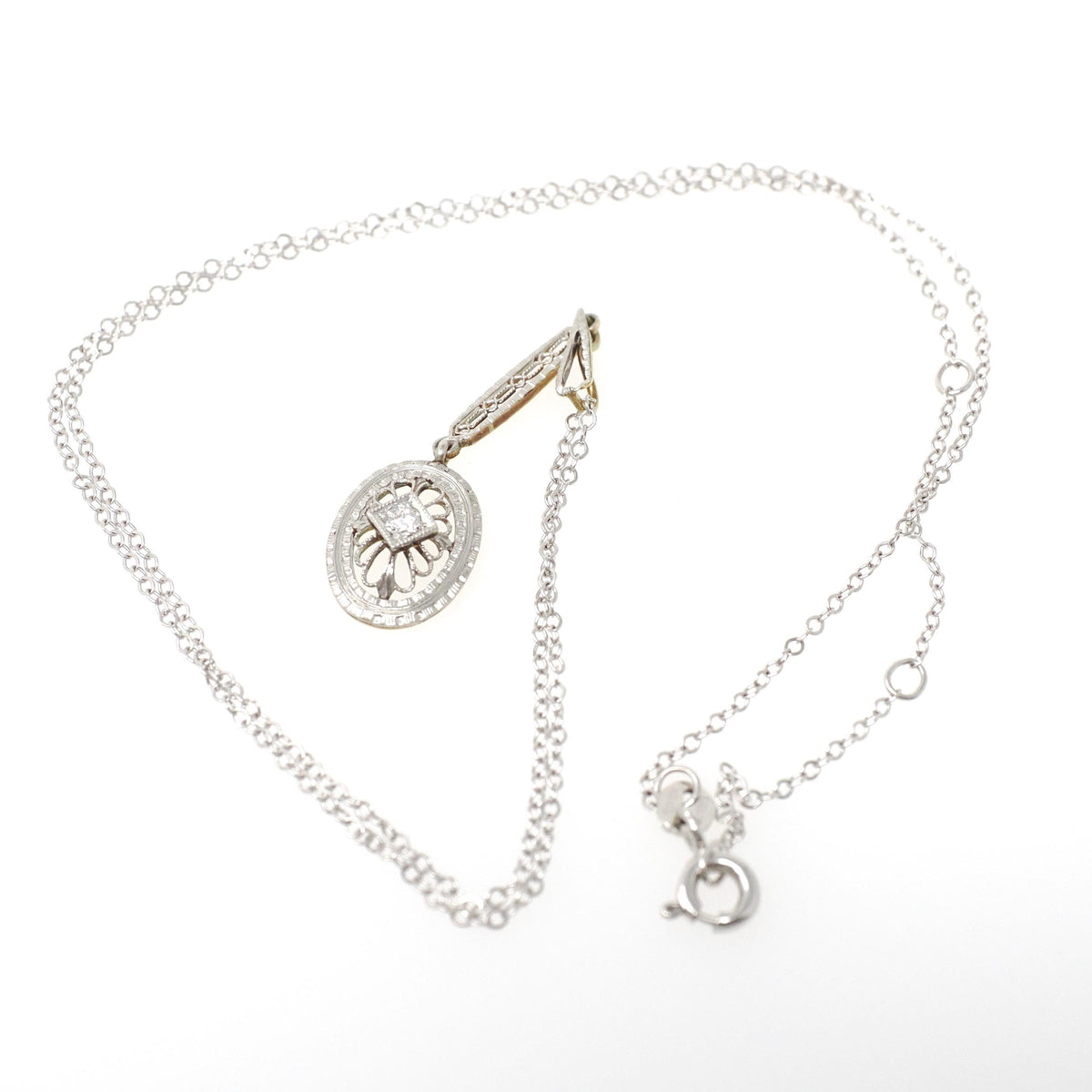 Edwardian Diamond Pendant - Antique 14k White Gold Natural Gemstone Charm Necklace - Vintage Circa 1910s Era Oval Filigree Fine Jewelry