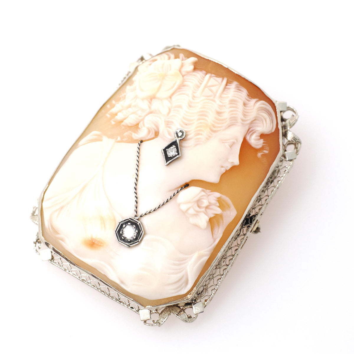 Habillé Cameo Brooch - Art Deco Era 14k White Gold Natural Diamonds Carved Shell Woman's Profile Filigree Pin - Circa 1920s Fine Jewelry