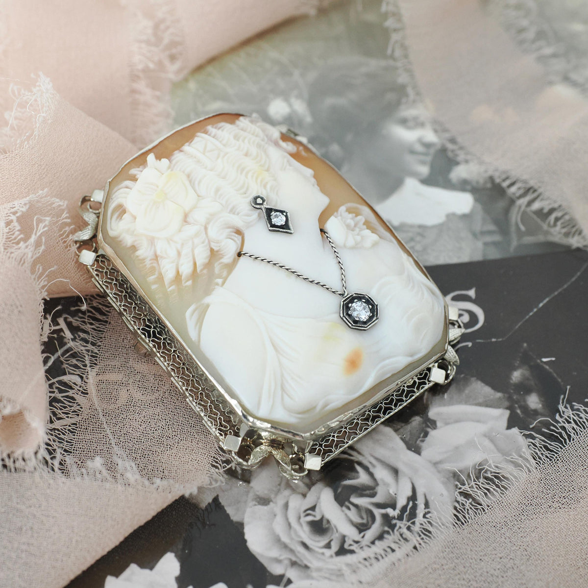 Habillé Cameo Brooch - Art Deco Era 14k White Gold Natural Diamonds Carved Shell Woman's Profile Filigree Pin - Circa 1920s Fine Jewelry