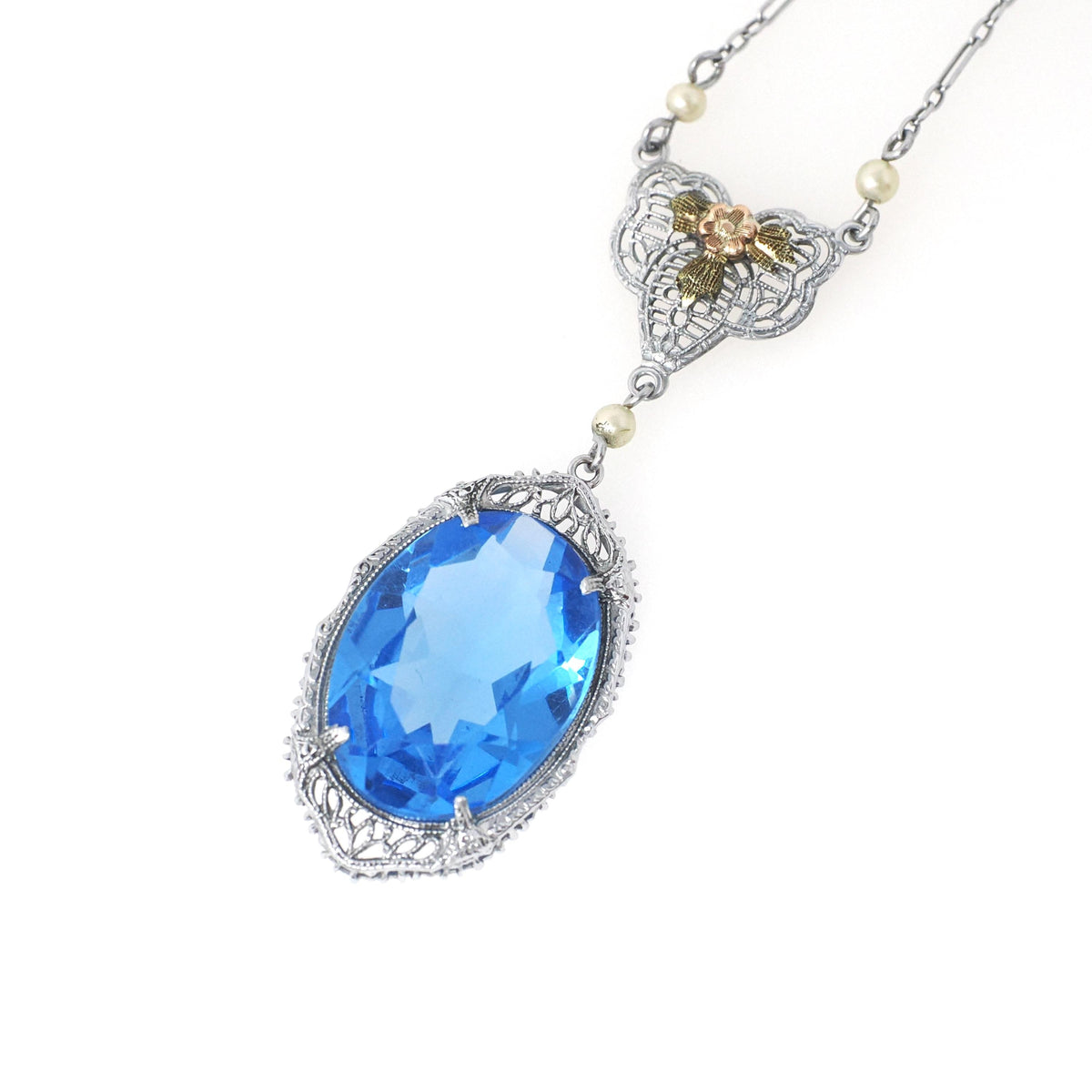 Art Deco Lavalier Necklace - Vintage 14k White Gold Simulated Blue Sapphire - Circa 1930s Era Blue Glass Tri Color Fine Fashion 30s Jewelry
