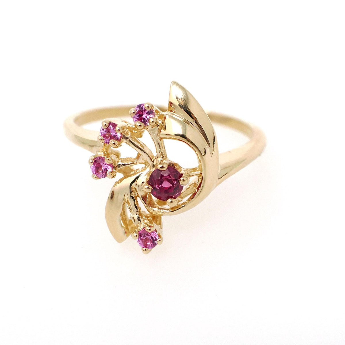 Vintage Bypass Ring - Retro 18k Yellow Gold Created Ruby & Pink Sapphire Spray - Circa 1980s Size 7 1/4 Alternative Engagement Fine Jewelry
