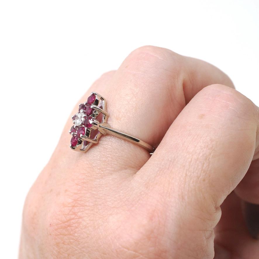 Ruby & Diamond Ring - 14k White Gold Natural Red Corundum Cluster Halo - Circa 2000s Size 5 1/4 Kite Navette Fine July Birthstone Jewelry