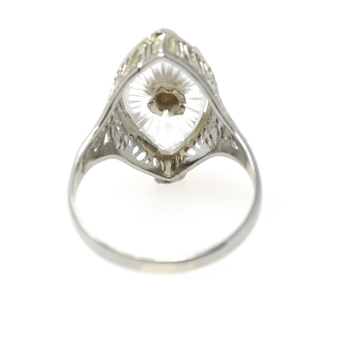 Camphor Glass Ring - Art Deco 18k White Gold Filigree Natural Diamond Statement - Vintage Circa 1930s Size 5 3/4 Marquise Fine 30s Jewelry