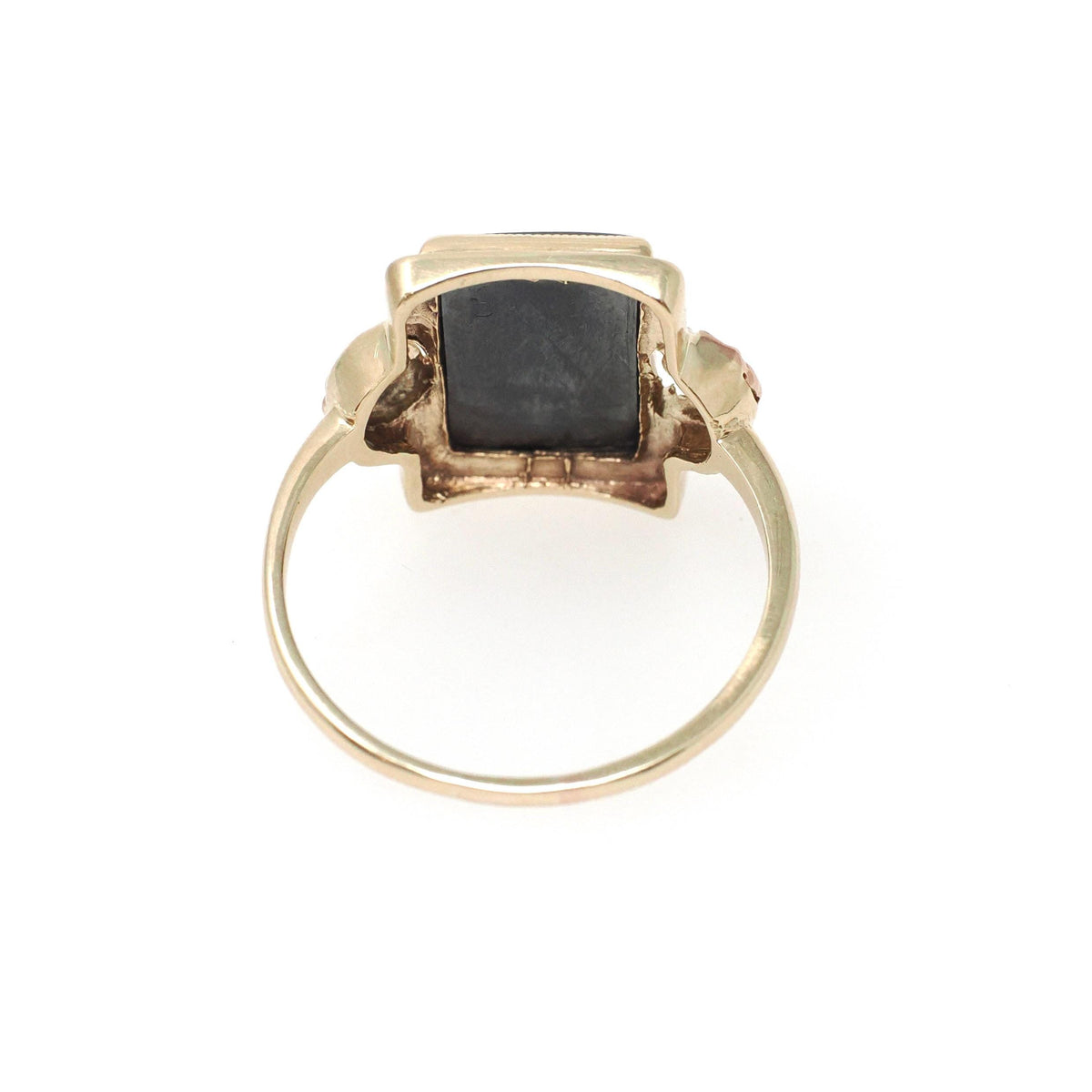 Hematite Intaglio Ring - Retro 10k Yellow & Rose Gold Carved Gray Roman Centurion Gem - Circa 1940s Size 7 1/2 Flower Fine Statement Jewelry