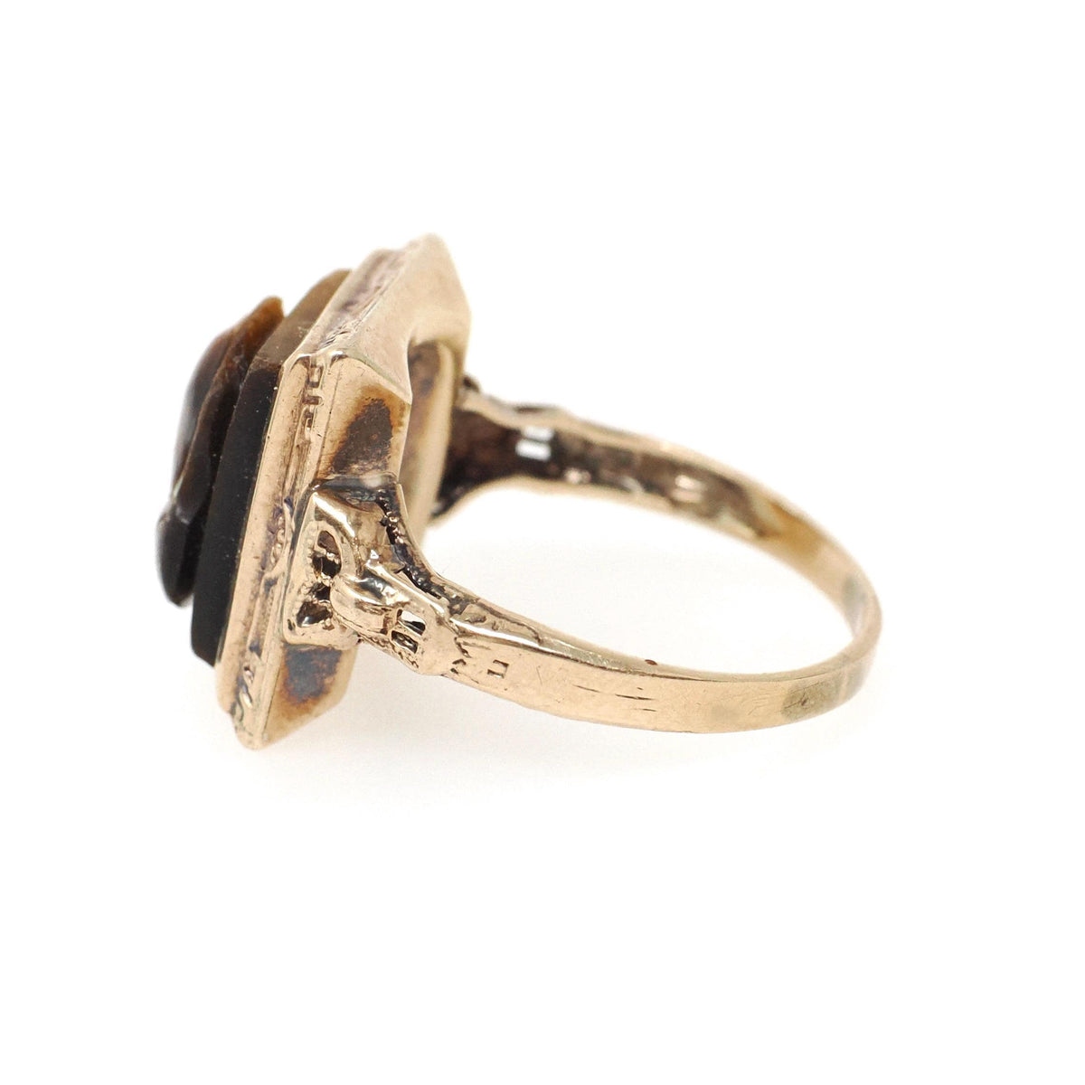 Tiger's Eye Ring - Retro 10k Yellow Gold Natural Carved Warrior Brown Gemstone - Vintage Circa 1940s Era Size 5 1/2 Statement Fine Jewelry