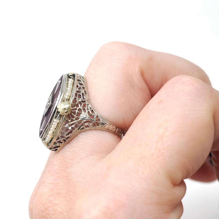 Amethyst Filigree Ring - Vintage Art Deco 14k White Gold Carved Purple Gem Navette Shield - Circa 1930s Size 5 Pearl Diamond Fine Jewelry