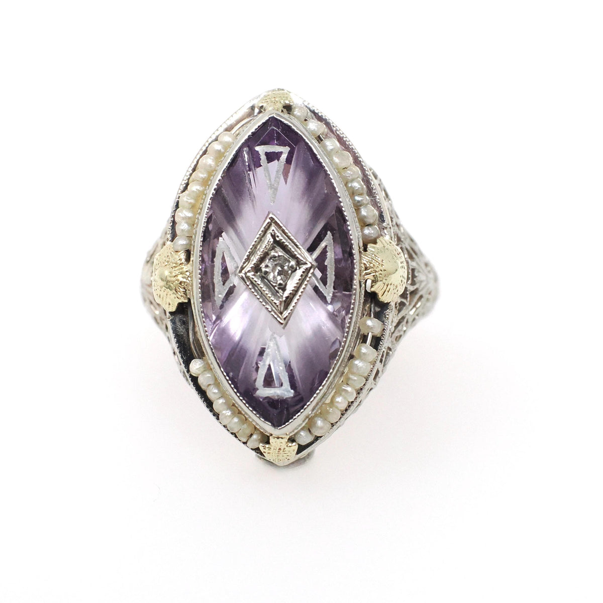 Amethyst Filigree Ring - Vintage Art Deco 14k White Gold Carved Purple Gem Navette Shield - Circa 1930s Size 5 Pearl Diamond Fine Jewelry