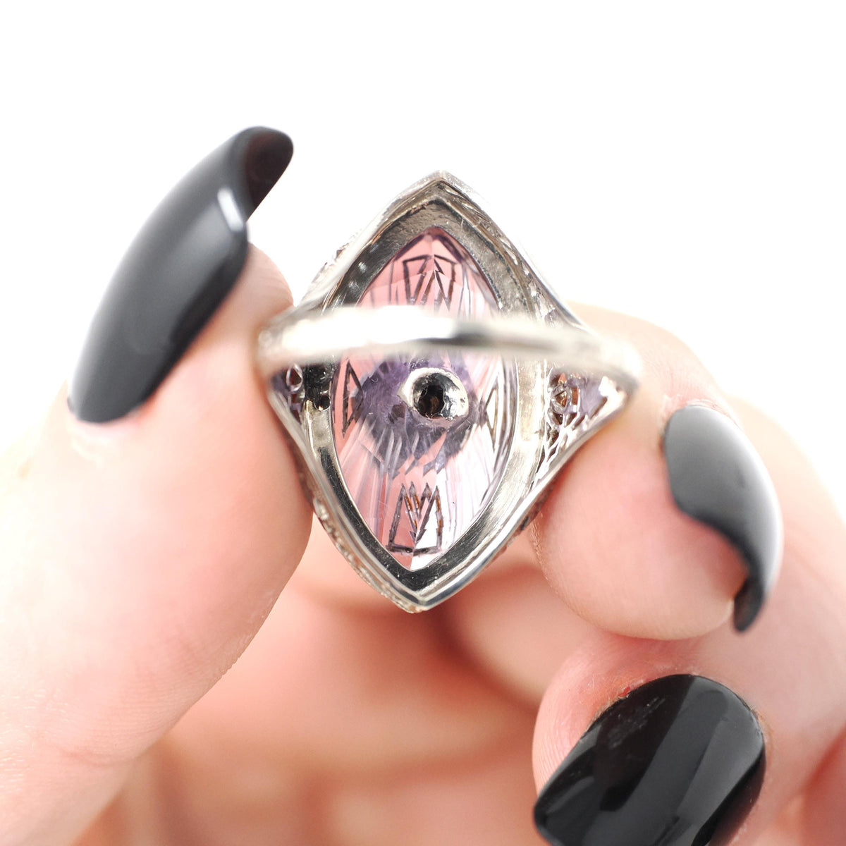 Amethyst Filigree Ring - Vintage Art Deco 14k White Gold Carved Purple Gem Navette Shield - Circa 1930s Size 5 Pearl Diamond Fine Jewelry