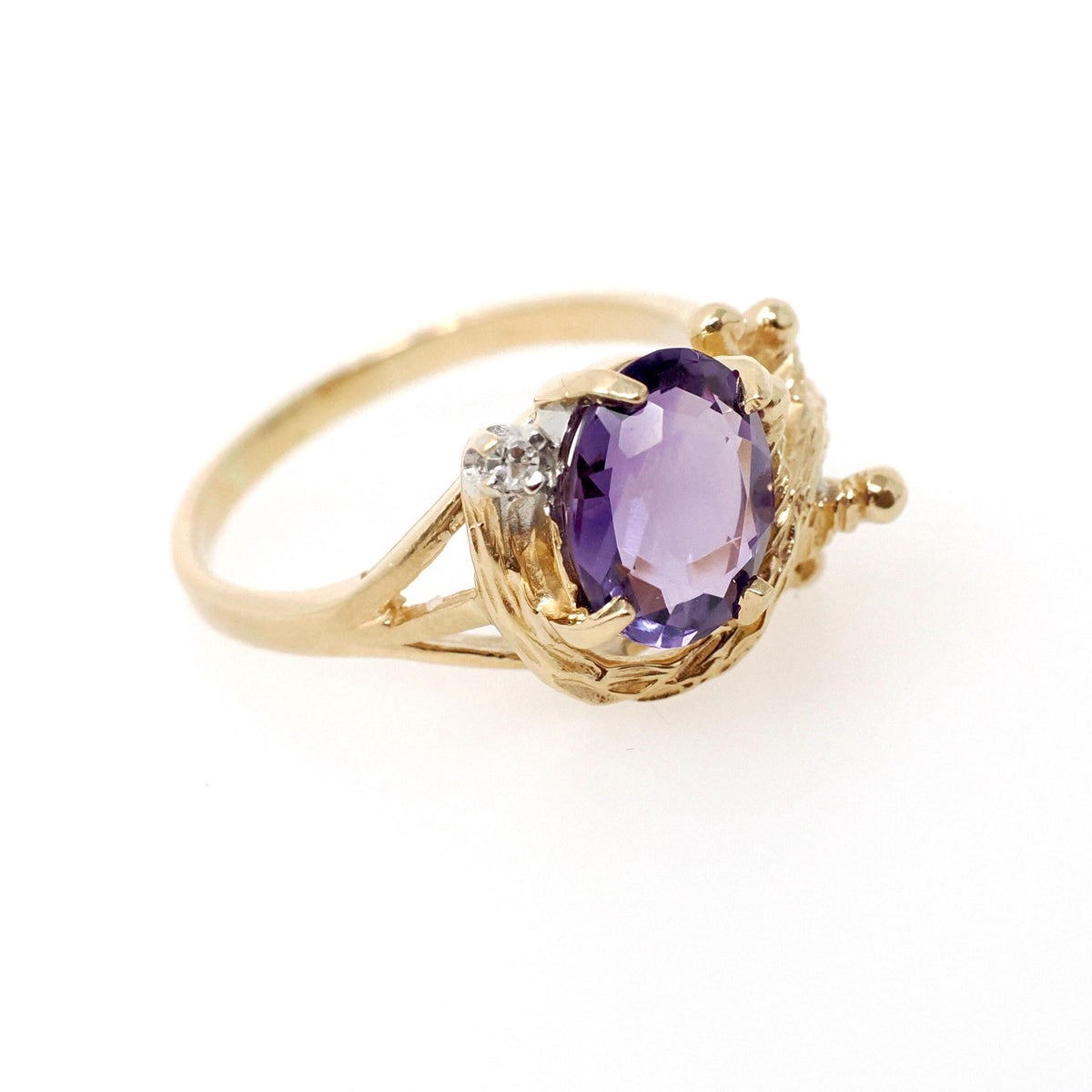 Vintage Amethyst Ring - Modernist 14k Yellow Gold Natural Purple 2.50 CT & Diamond - Circa 1970s Size 9 Nature Inspired Branch Fine Jewelry