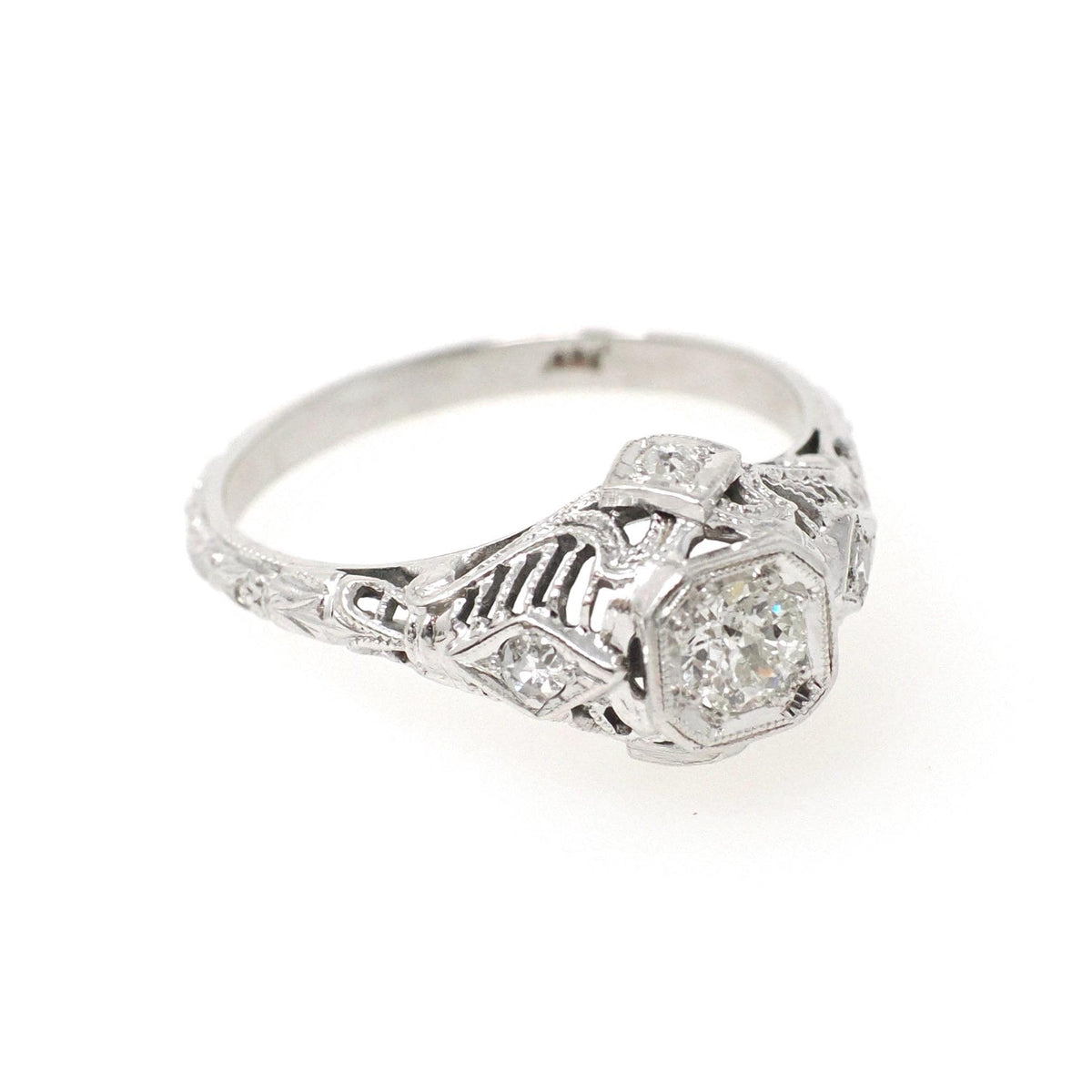 Art Deco Engagement Ring - Vintage 18k White Gold Filigree .38 CTW Old European Cut Diamond - Circa 1930s Era Size 6 3/4 Fine Floral Jewelry