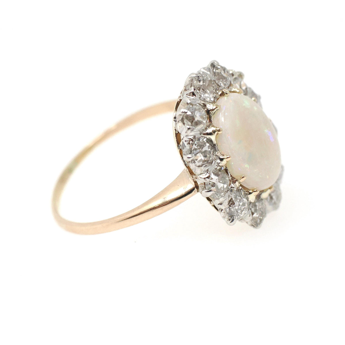 Opal & Diamond Halo Ring - Antique 14k Yellow Gold Platinum Cabochon Cut 1.27 CT Gem - Circa 1900s Size 7 1/2 Old European Cut Fine Jewelry